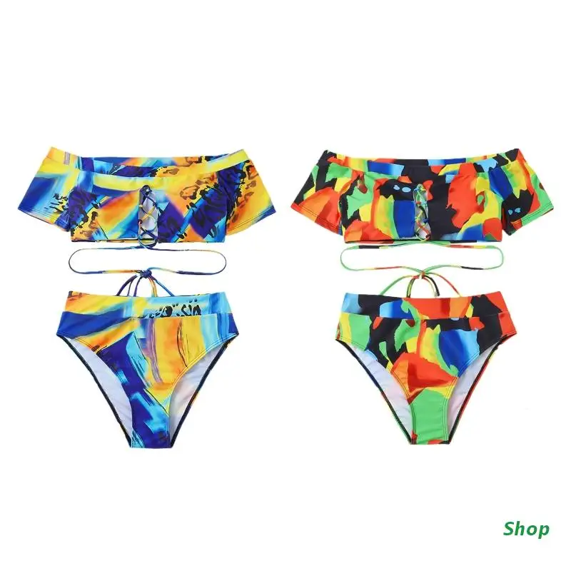 

L5YC Fashion Women High Waist Bikini Swimsuits Gradient Color Print Bathing Suit Comfortable for Lover Girlfriend 2 Pieces