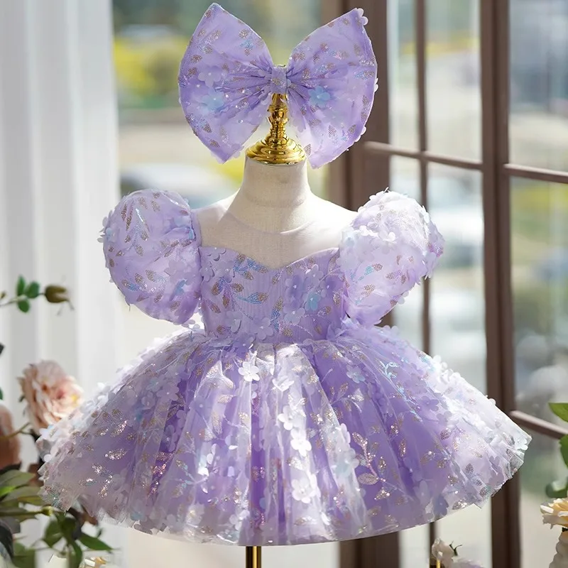 Sequin embroidery Girl's Dresses Ball Gown Flower Girl Dress For Wedding bow Princess Birthday Party Pageant ceremonial dress