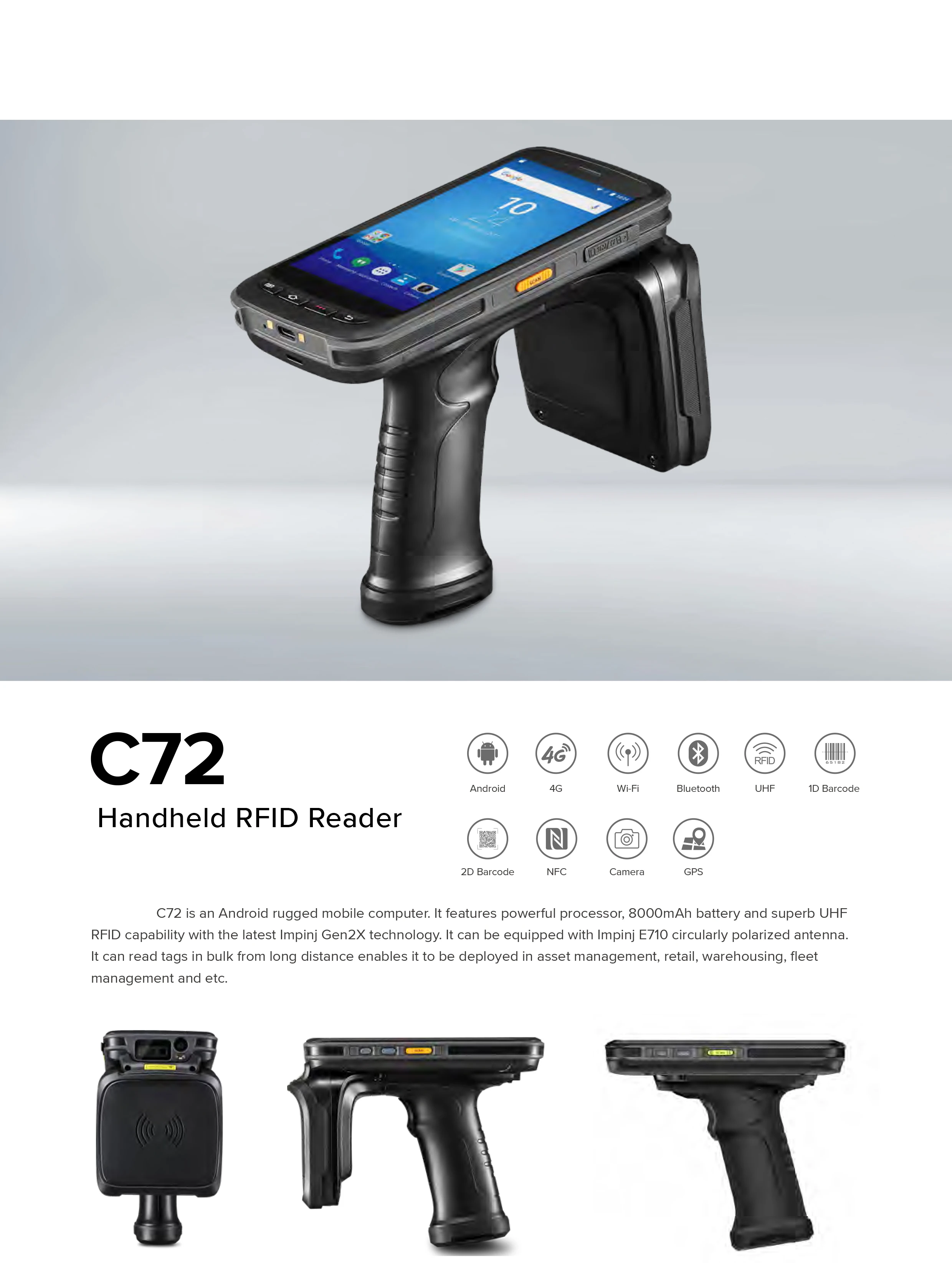 5.2 Inch Data Collectors 1D/2D QR Code Reader Support E710 UHF RFID Reader NFC 4G LTE Android 13 OS Pistol Grip Chainway C72