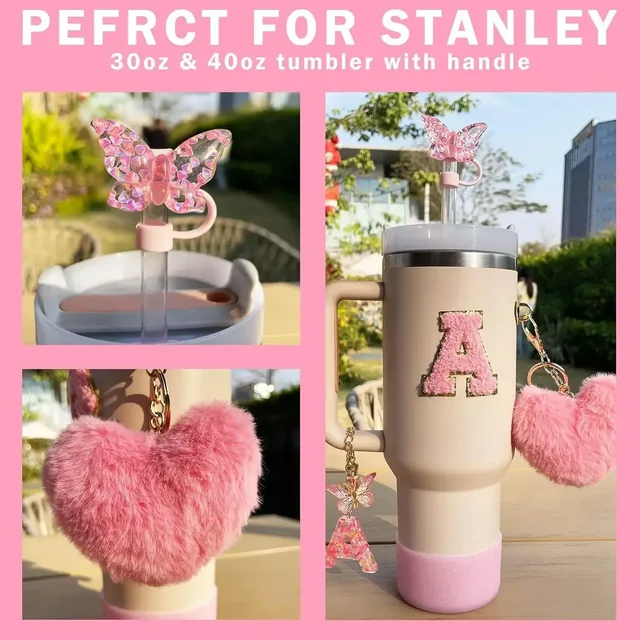 9PCS Accessory Set for Stanley Cup 30oz 40oz Butterfly Straw Cover Cap Silicone Boot Charm Initials Sticker Spill Proof Stopper 5