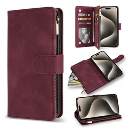 Luxurious Multi - Card Zipper Leather Wallet Case with Magnetic Kickstand - iPhone 13 (12) Mini (Wine red)
