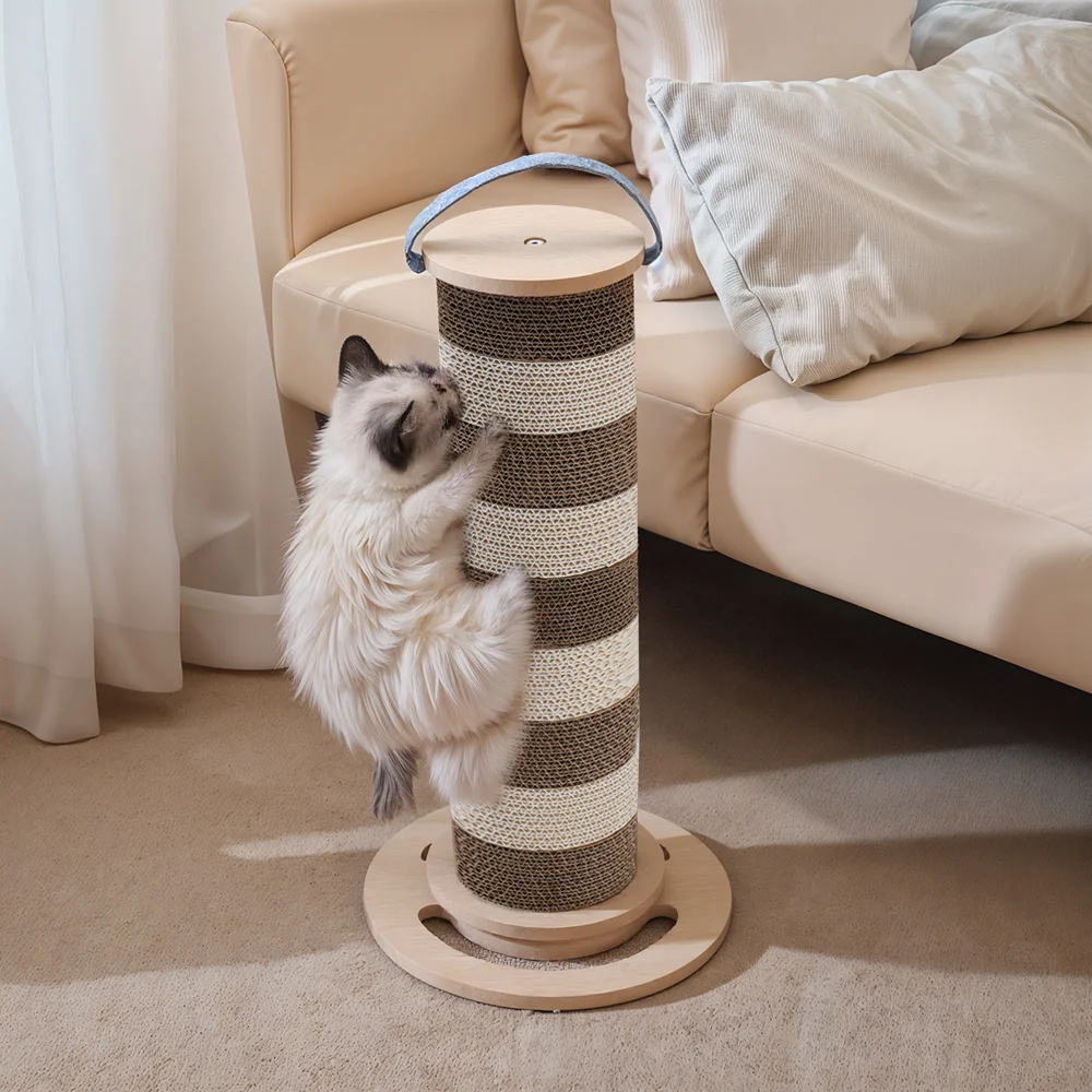 Cat Scratching Post for Indoor Cats, 55cm Tall Cat Scratcher with Jute Sisal Rope, Hessian fabric, Hanging Toy Ball, Feather