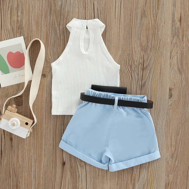Emmababy 0-4 Years Summer Fashion Baby Girls Clothes Sets Solid Color Sleeveless Knit Vest Shorts with Belt Bags Children's Sets