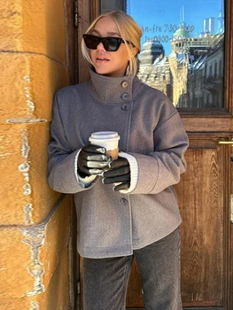 Cappotto corto vintage in misto lana grigia da donna colletto alla coreana bottoni a maniche lunghe giacca calda casual autunno inverno 2025 capispalla da donna 1