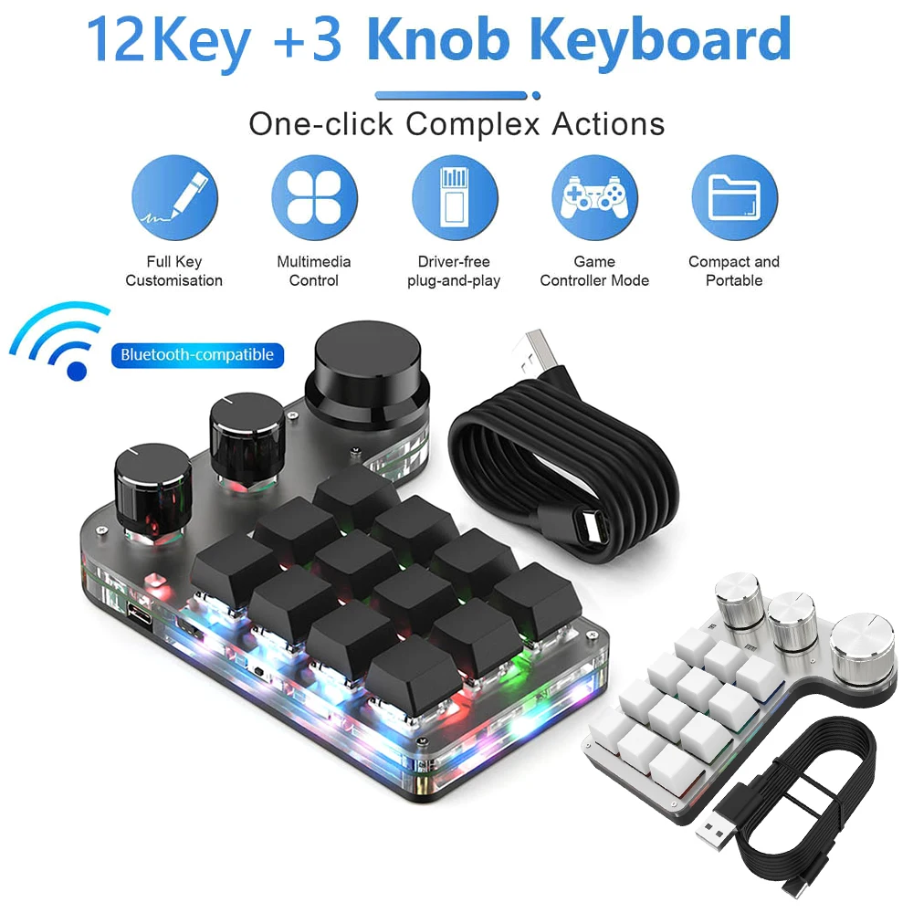 무선 블루투스 프로그래밍 가능 커스텀 키보드, USB 유선 키보드, RGB 12 키, 3 노브, 게이머 키보드, 노트북용 핫 스왑 키패드