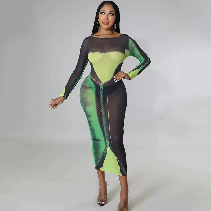 

Sexy Mesh False Zipper Print Bodycon Maxi Dress Women Elegant Long Sleeve O-neck Slim Fit Night Club Party Long Dresses Vestido