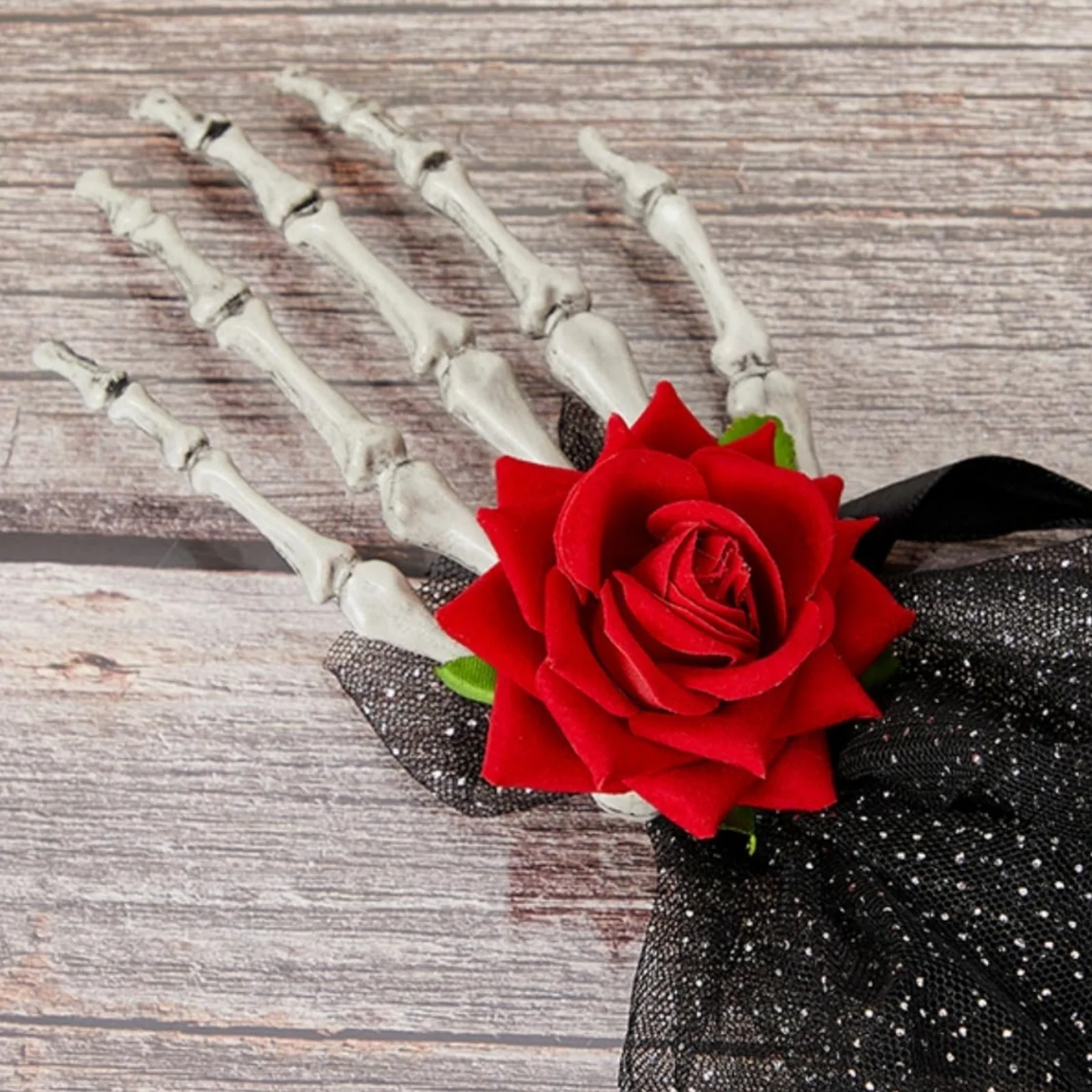 1PC Halloween Skeleton Hand Hair Clip: Gothic - Style Accessory With Rose & Black Veil, Spooky Hairpin For Party, Cosplay