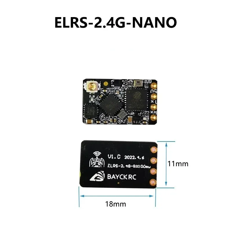 Récepteur BAYCK ELRS 2.4GHz NANO à côté d'une pièce pour échelle, idéal pour drone FPV