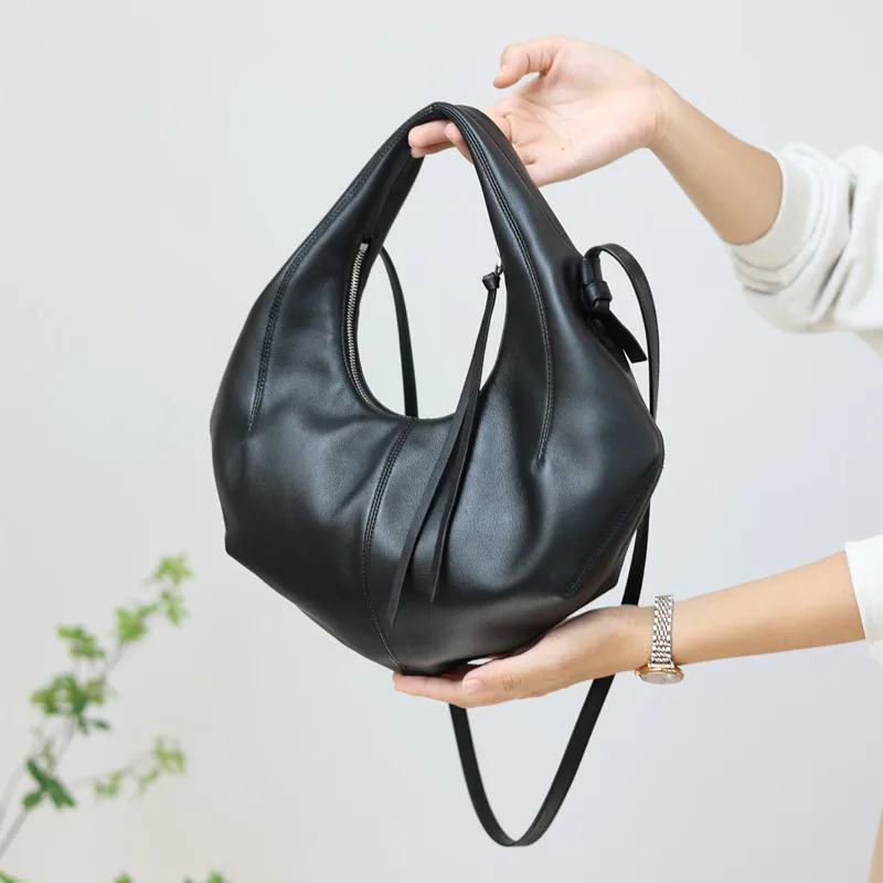 

Unique Genuine Leather Underarm Handbag Black Soft Cowhide Crossbody Bags Luxury Designer Shoulder Bag