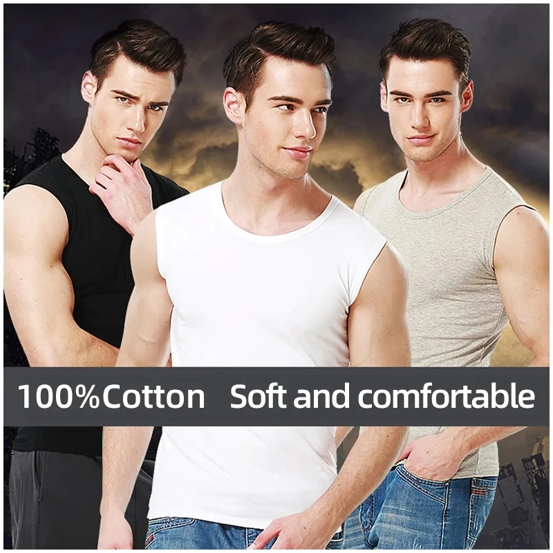 Men's Solid Color Basic Wide Shoulder Sleeveless Vest Casual Sports Fitness Pure Cotton Shirt 1/3 Piece sports vest,mens undershirt