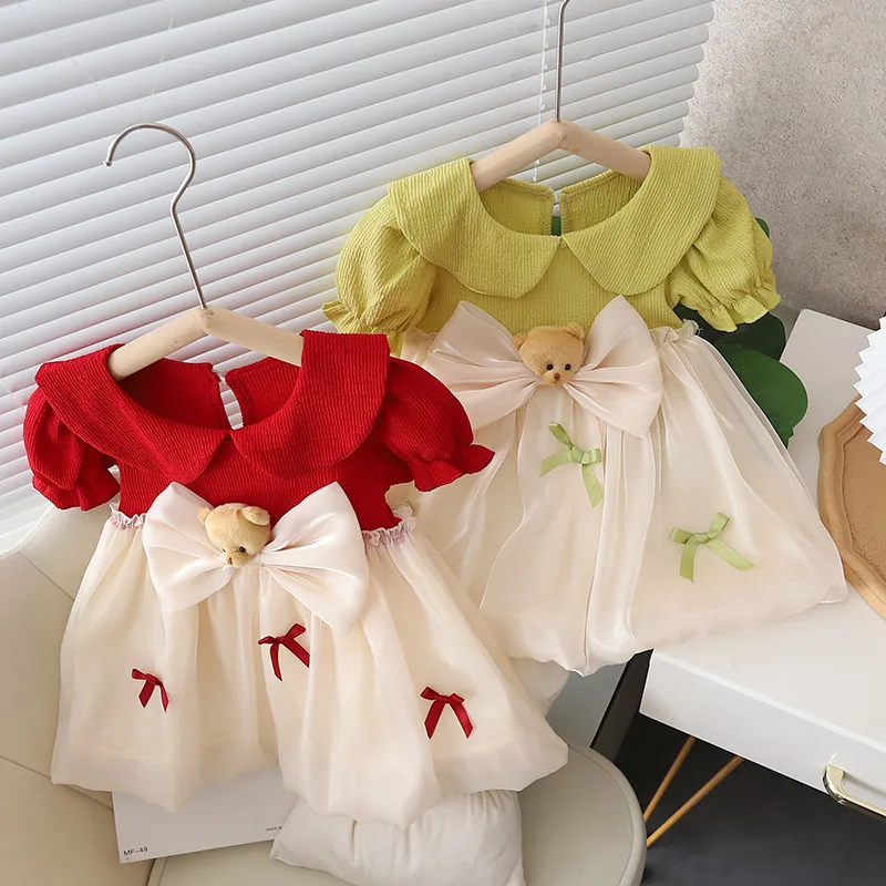 

Girls' Dress 2023 Summer New Doll Neck Bow Little Bear Korean Edition Children's Thin Short Sleeve Cotton Skirt