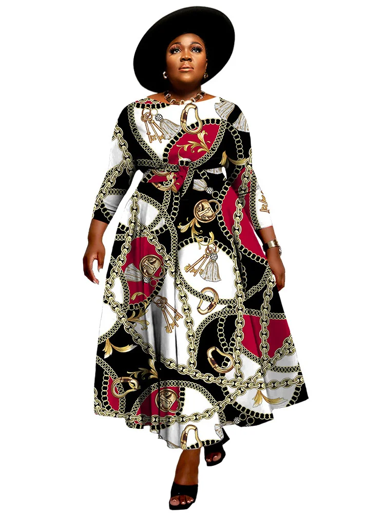 Wmstar Dress Women S-3XL Printed Fashion Long Sleeve Big Hem Fall Clothes New Maxi Dresses Wholesale Dropshipping with Bandage