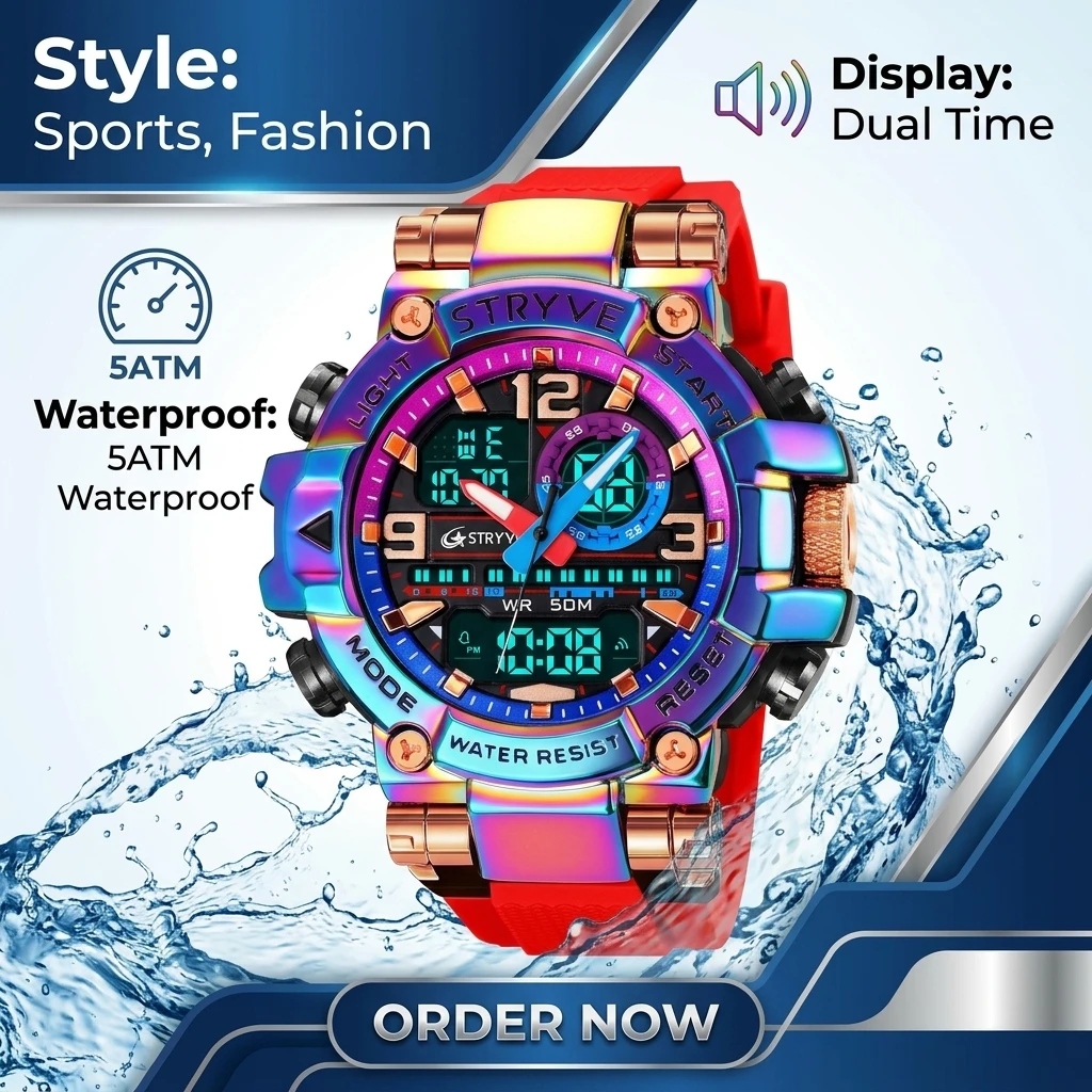STRYVE Fashion Sports Men's Digital-Analog Dual Movement Waterproof Watch
