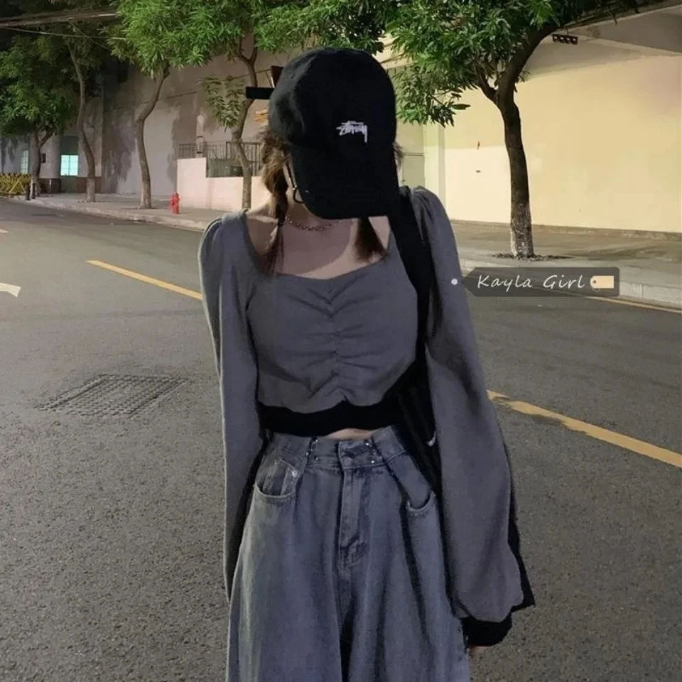 

Женская одежда с квадратным вырезом, туника с длинным рукавом, футболки, укороченные топы в стиле пэчворк, модные повседневные футболки, шикарные футболки с пышными рукавами Y2k