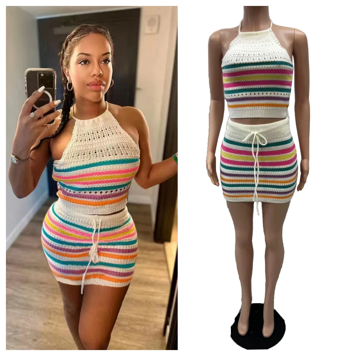 Fashion Color Block Patchwork Knitted 2 Piece Set Women Summer 2023 Sexy Tank Crop Top + Mini Skirts Skinny Outfits Streetwear tank tops color block striped glitter hollow out tank top in multicolor size l m s xl