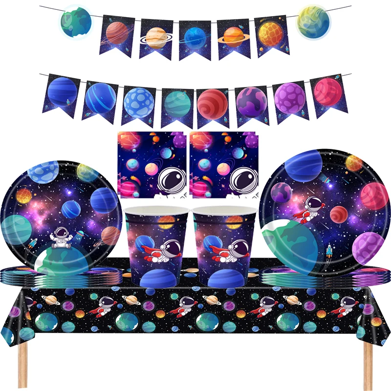 

Cartoon Planet astronaut Birthday Party Tableware Decoration Disposable Cup Plate Napkin Balloons Boys Planet Party Supplies
