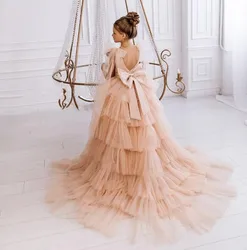 Champagne Layeref Tulle Puffy Backless Sleeveless With Bow Flower Girl Dress For Wedding Child Birthday Holy Communion Dresses