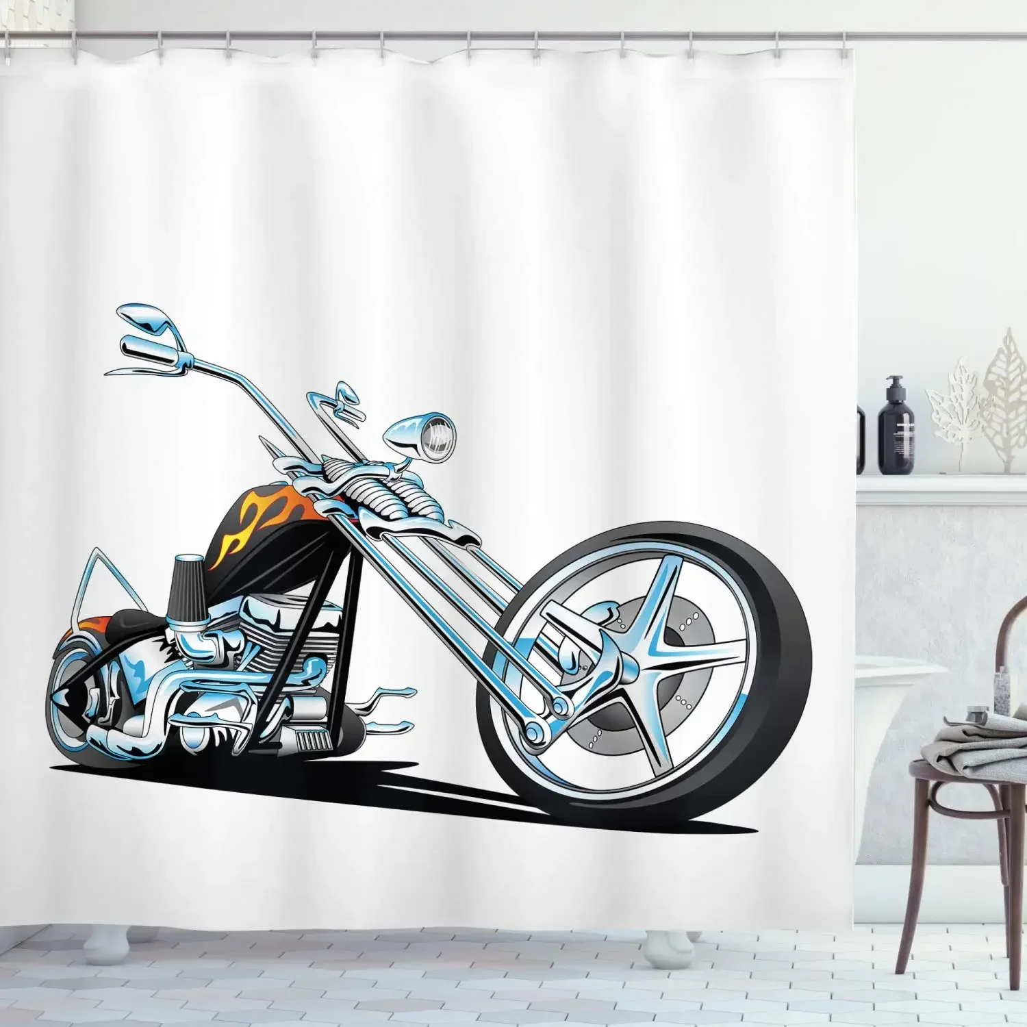 Motorcycle Shower Curtain Horsepower Adventurous Journey Freedom Ride Masculine Vehicle Bathroom Curtains Decor Set with Hooks 3