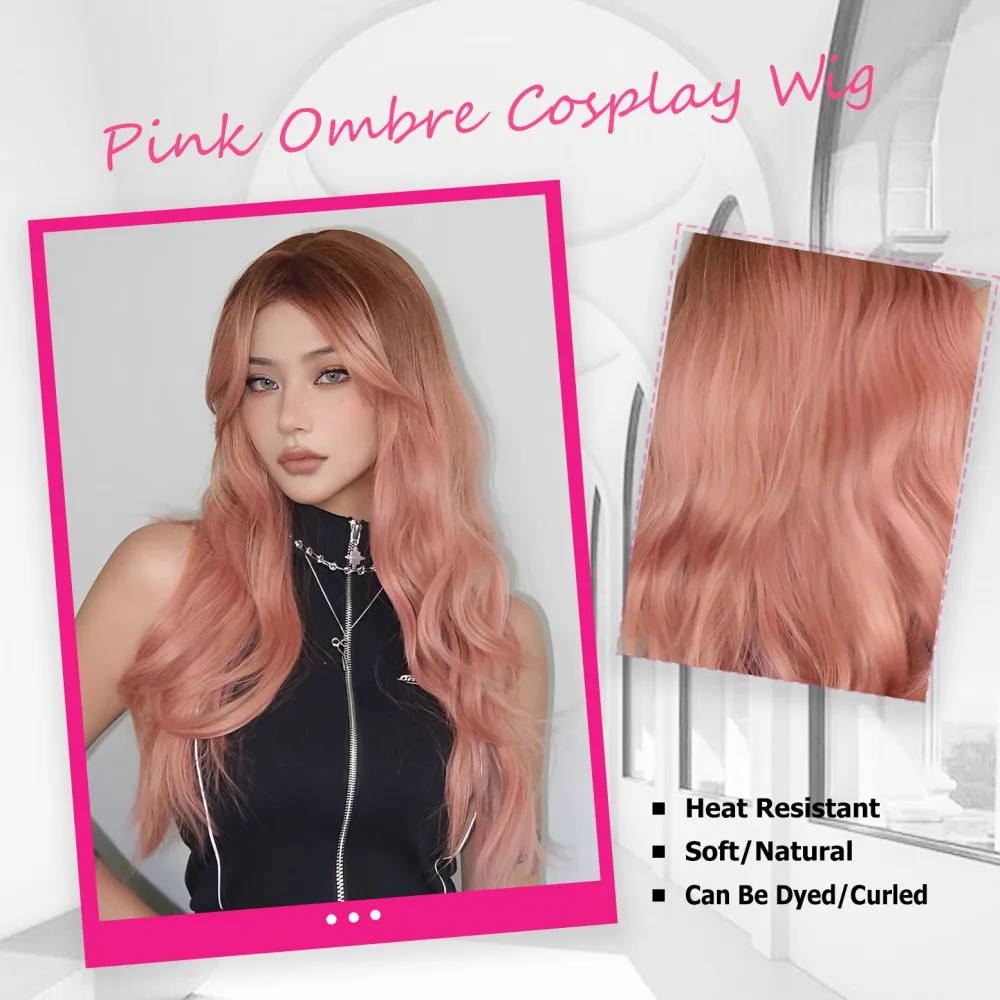 LOUIS FERRE Ombre marrone rosa parrucche sintetiche lunghi capelli finti ondulati per le donne con frangia parrucche in fibra resistenti al calore Cosplay quotidiano