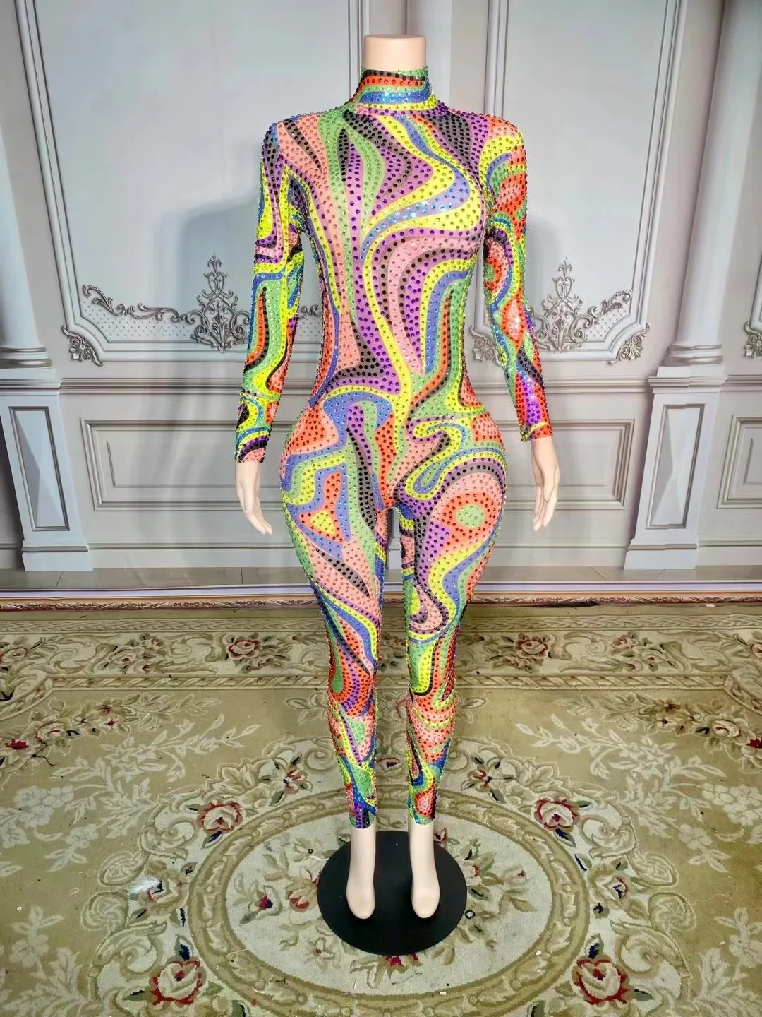 

Sparkly Colorful Rhinestones Stretch Jumpsuit Evening Birthday Celebrate Bodysuit Outfit Crystals Dress Stage Sexy Costume liuli