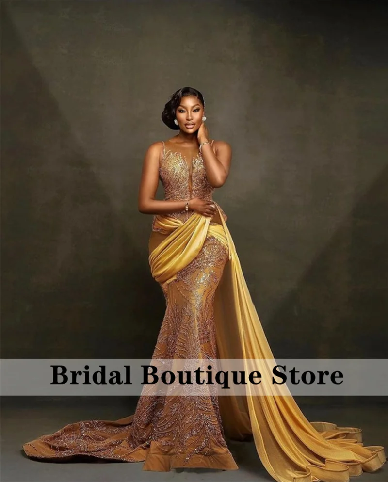 

Luxury Gold Mermaid Evening Dress 2024 Sheer Neck Beading Crystals Glitter Vintage African Wedding Gowns Robes Prom