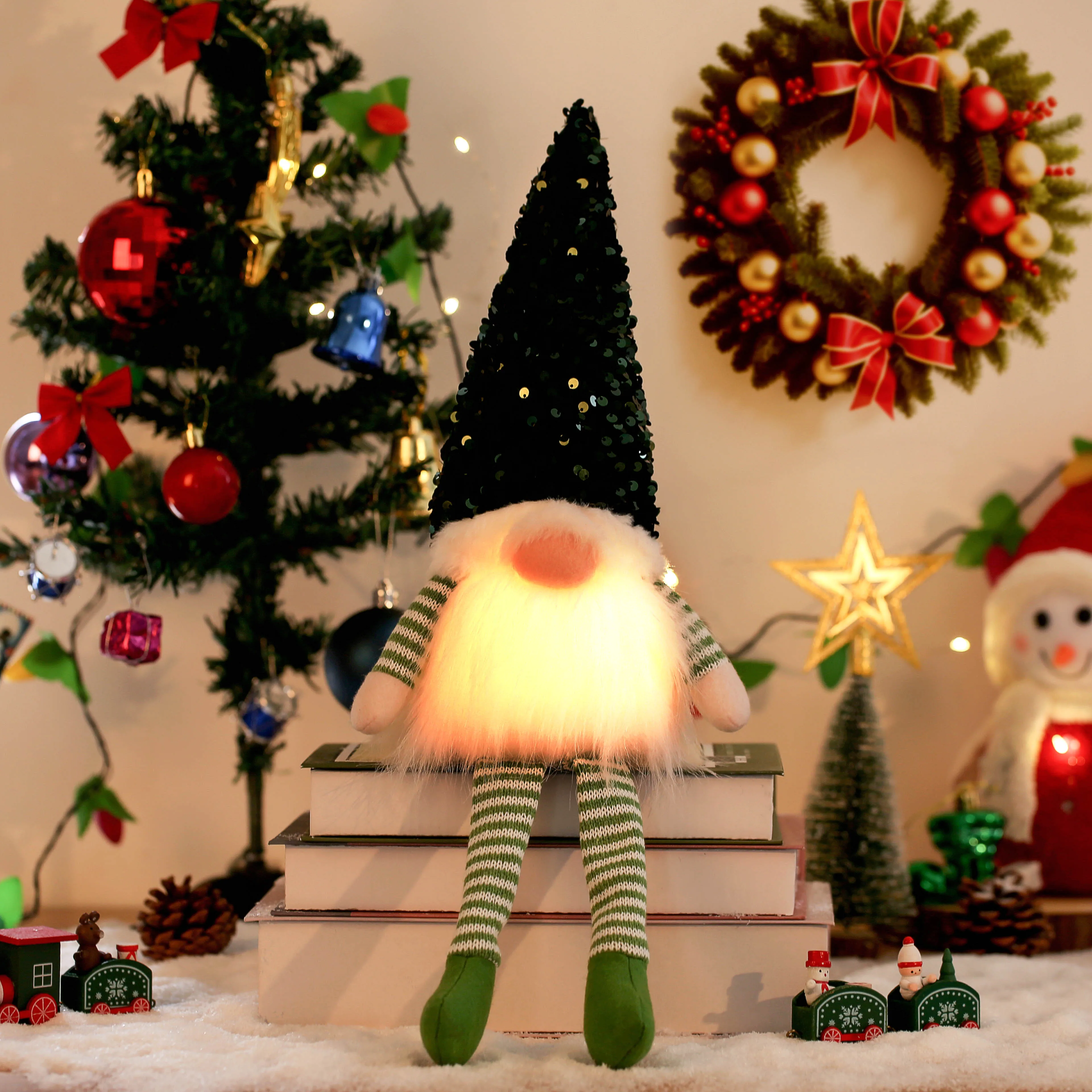 Muñeco navideño sin rostro de gnomo luminoso de 30 cm, decoración para árboles de Navidad 2024, luz nocturna, regalo de Navidad 2023, decoración del hogar para el año nuevo