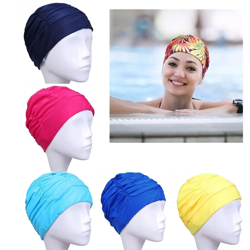 Unisex Badekappe in Einheitsgröße mit Plissee am Ohrbereich, Elastische Nylon-Turban-Schwimmkappe zum Schutz Langes Haar – Detail 4
