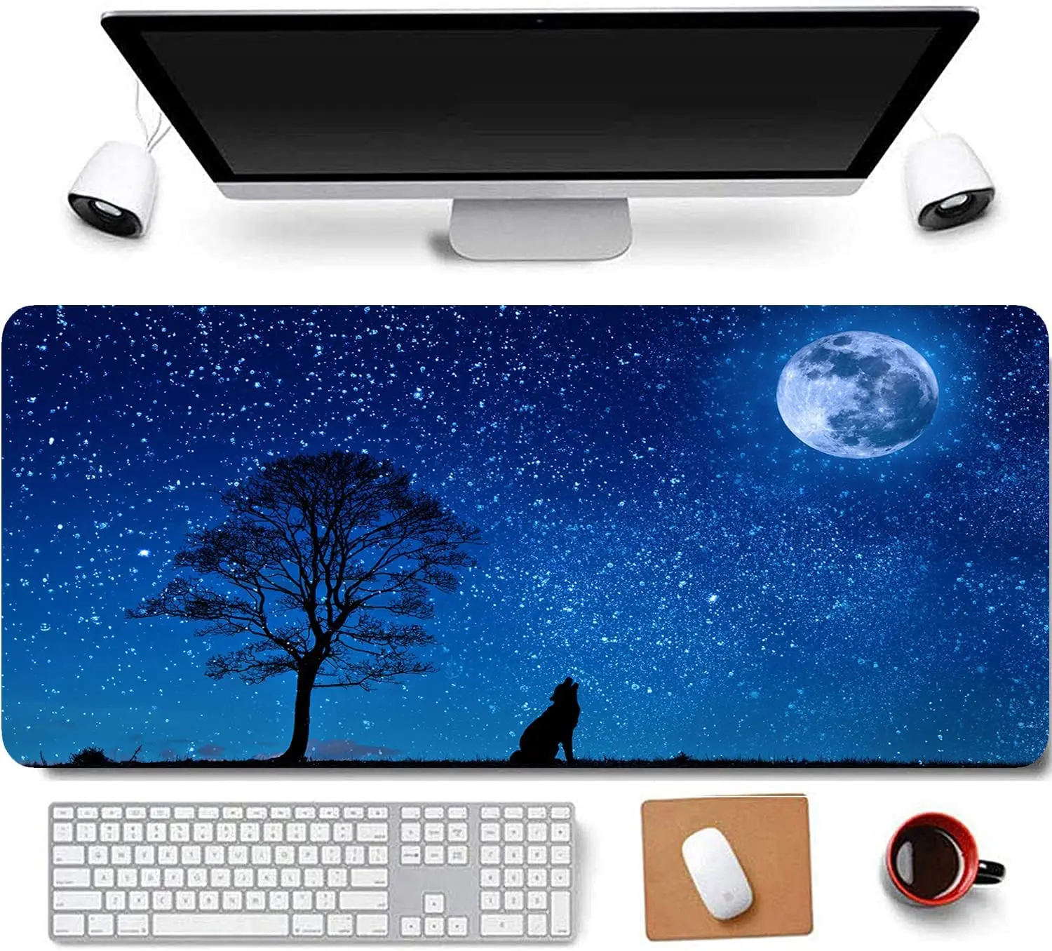 

31.5x11.8 Inch Howling Wolf and The Moon XL Extended Large Gaming Mouse Pad with Stitched Edges Computer Keyboard Mouse Mat