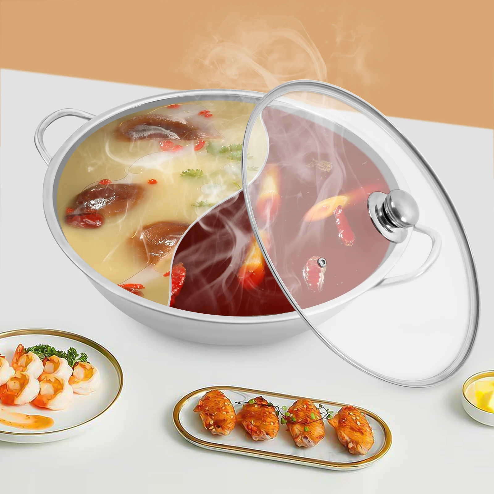 34cm Stainless Steel Hot Pot with Divider Shabushabu Pot with Glass Lid Compatible Double-flavor Cookware Set Kitchen Cooker