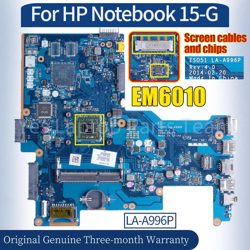 Motherboard para Notebook hp 15-g Laptop Mainboard Amd Cpu Em6010 764003601 764267501 100 Testado Zso51 La-a996p