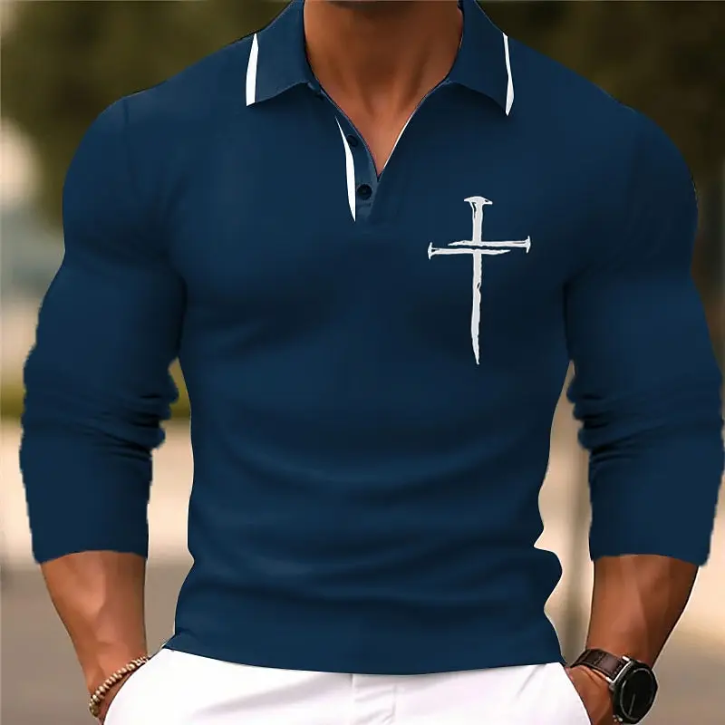 Men's 3D Printed Cross Pattern Golf Shirt Long Sleeve Polo Shirt Business Casual