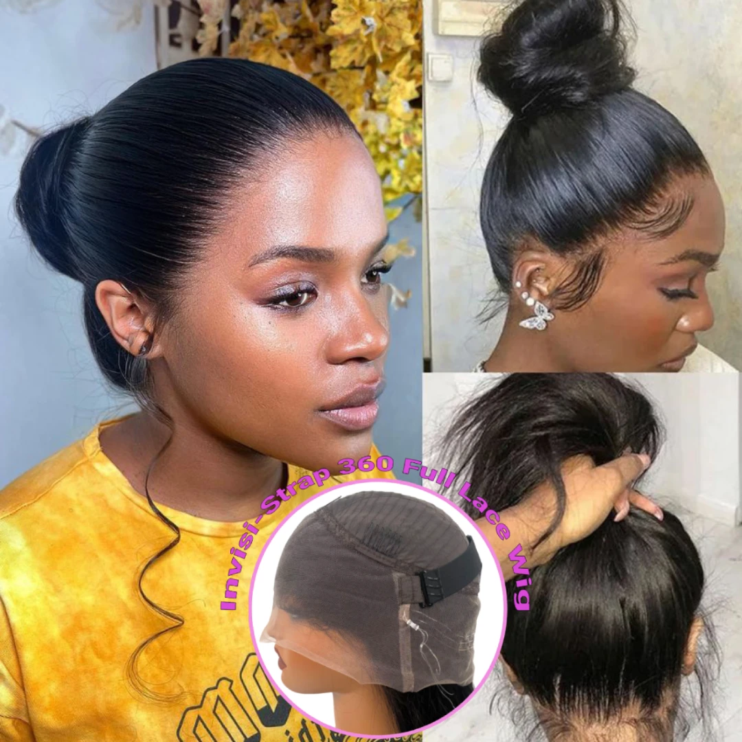 Invisi Strap 360 Full Lace Wig Glueless Wig Human Hair Brazilian Straight Lace Frontal 360 Snug Fit Transparent Strap
