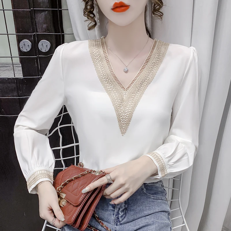 

Fashion Long Sleeve Women's Chiffon Blouse Office Lady Tops Elegant V Neck Lace White Shirts Women Clothing Loose Blusas 25895