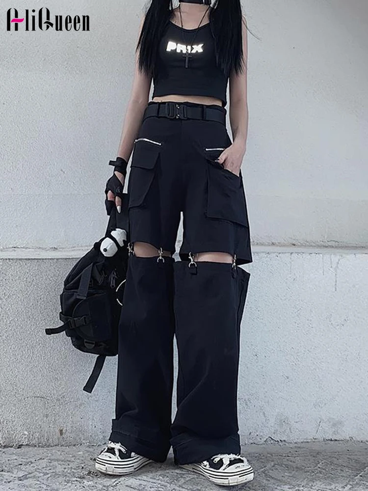 

Gothic Black Cargo Pants Women Punk Oversize Hollow Out Wide Leg Pocket Trousers for Female Goth Remove Hip Hop pant streetwear