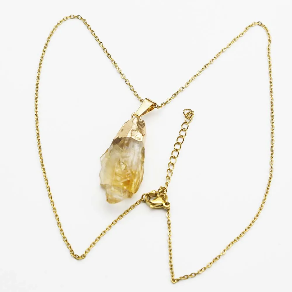 Natural Raw Ore Topaz Yellow Crystal Pendant Irregular Gold Plated Stainless Steel Chain Necklace Charm Jewelry Accessories 6Pcs