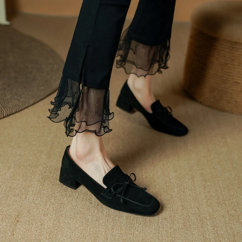 

2023 NEW Spring Women Pumps Sheep Suede Square Toe Chunky Heel Shoes for Women Butterfly-knot Woman Shoe Solid Lady Shoes