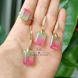 Gradient Pink to Green Fusion Gemstone Copper Jewelry Set (N10 pink to green)
