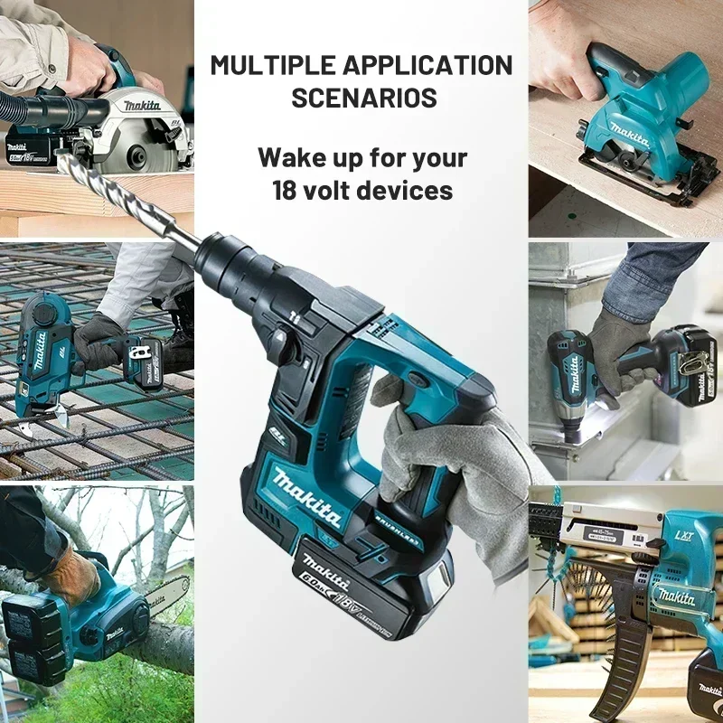 Makita battery shown with multiple tool icons