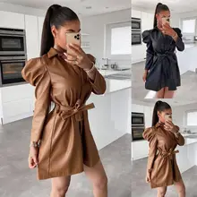 

Sexy women's dress zipper long sleeve Mini winter casual leather PU pocket elegant dress 2021 fall waist leather dress