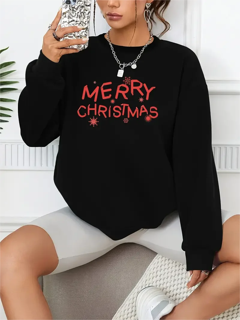 Merry Christmas Print Pullover Casual Loose Fashion Long-Sleeved Sweatshirt Solid Color Women's Clothing
