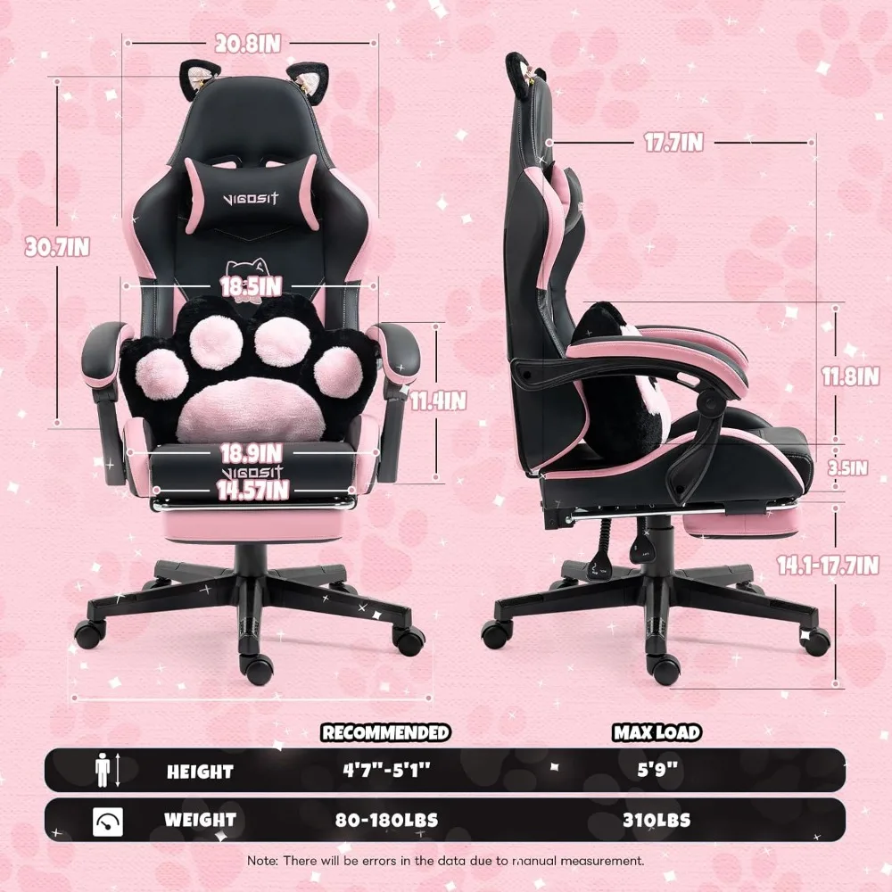 Gaming chair with pink accents and dimensions displayed on a pink background, transforming it into a cat-themed gaming seat.