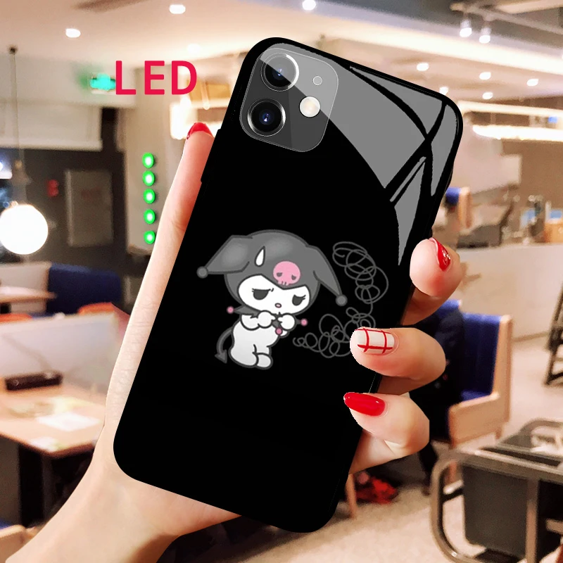 Luminous Tempered Glass phone case For Apple iphone 13 14 Pro Max Puls mini Kuromi Kawaii Luxury Fashion RGB LED Backlight cover pattern printing tempered glass tpu back case for iphone 12 pro 12 moon picking man