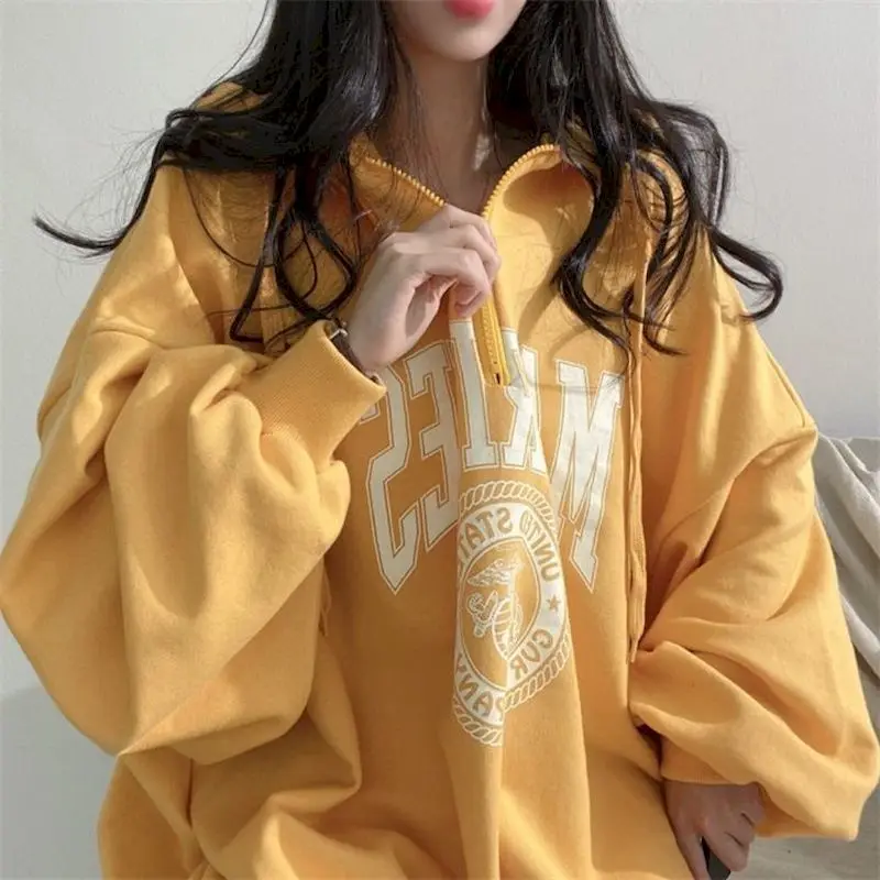 

Korean Fashion Women's Zipper Hooded Sweatshirts 2023 Vintage Graphic Hoodies Women Oversized Casual Loose Pullovers Y2k Clothes