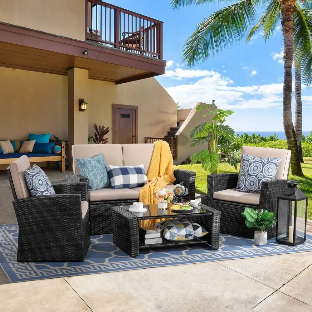 

Wicker Rattan Sectional Sofa Couch With Glass Coffee Table Outdoor Furniture 4-Piece Outdoor Patio Furniture Set Free Shipping