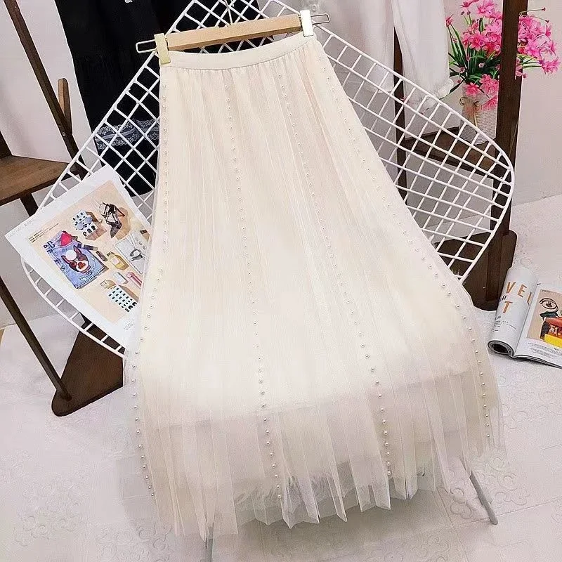 

Women Beading Pleated Tulle Skirts New Korean Fashion Clothing Casual Faldas High Waist Mid Length Black Pink Kawaii Skirt P500