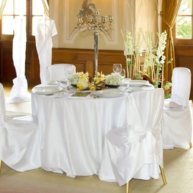 Nappe ronde en satin, couverture de table en soie blanche brillante pour banquet de mariage, décor de table d'anniversaire de couleur unie résistant aux rides 3