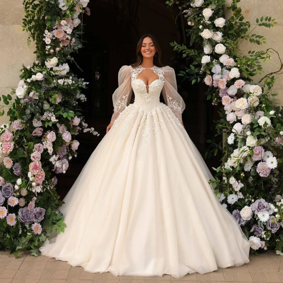 

Stylish Ball Gown Wedding Dresses Long Sleeves V Neck Halter Sequins Zipper Lace Appliques Ruffles Bridal Gowns Vestina De Novia