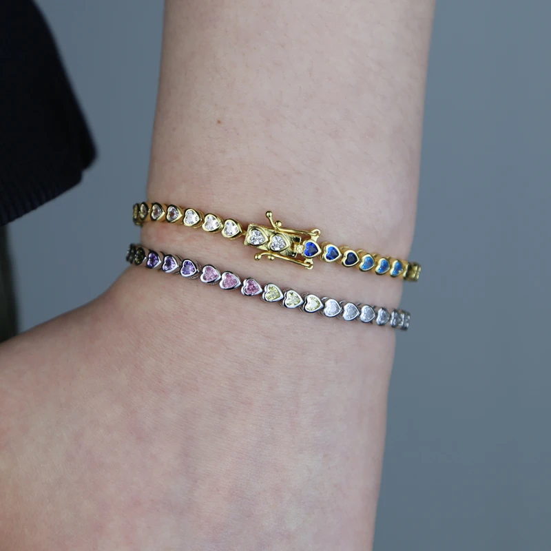 New Round Square Heart CZ Tennis Bracelets for Women Pave Multicolor Zircon Rose Gold/Platinum/Gold Plated Color Fashion Jewelry