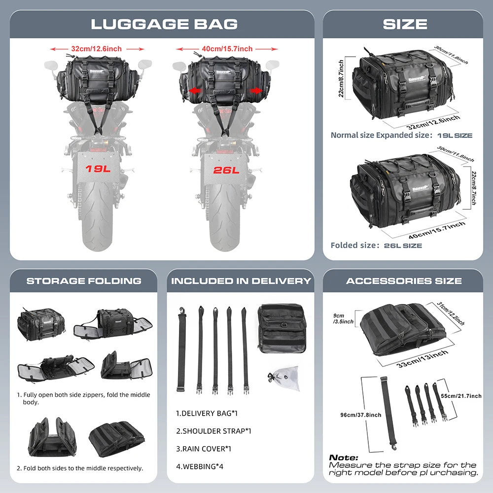 Rhinowalk MT4026 Motorcycle Bag 19 32L 40 60L Waterproof Tail Bag - Image 4