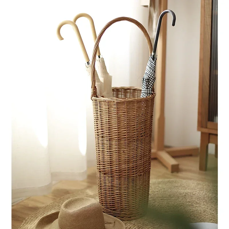 Creative Rattan Umbrella Storage Basket With Handle Japanese Style Home Decor Wicker Weaving Storage Basket Sundries Organizer